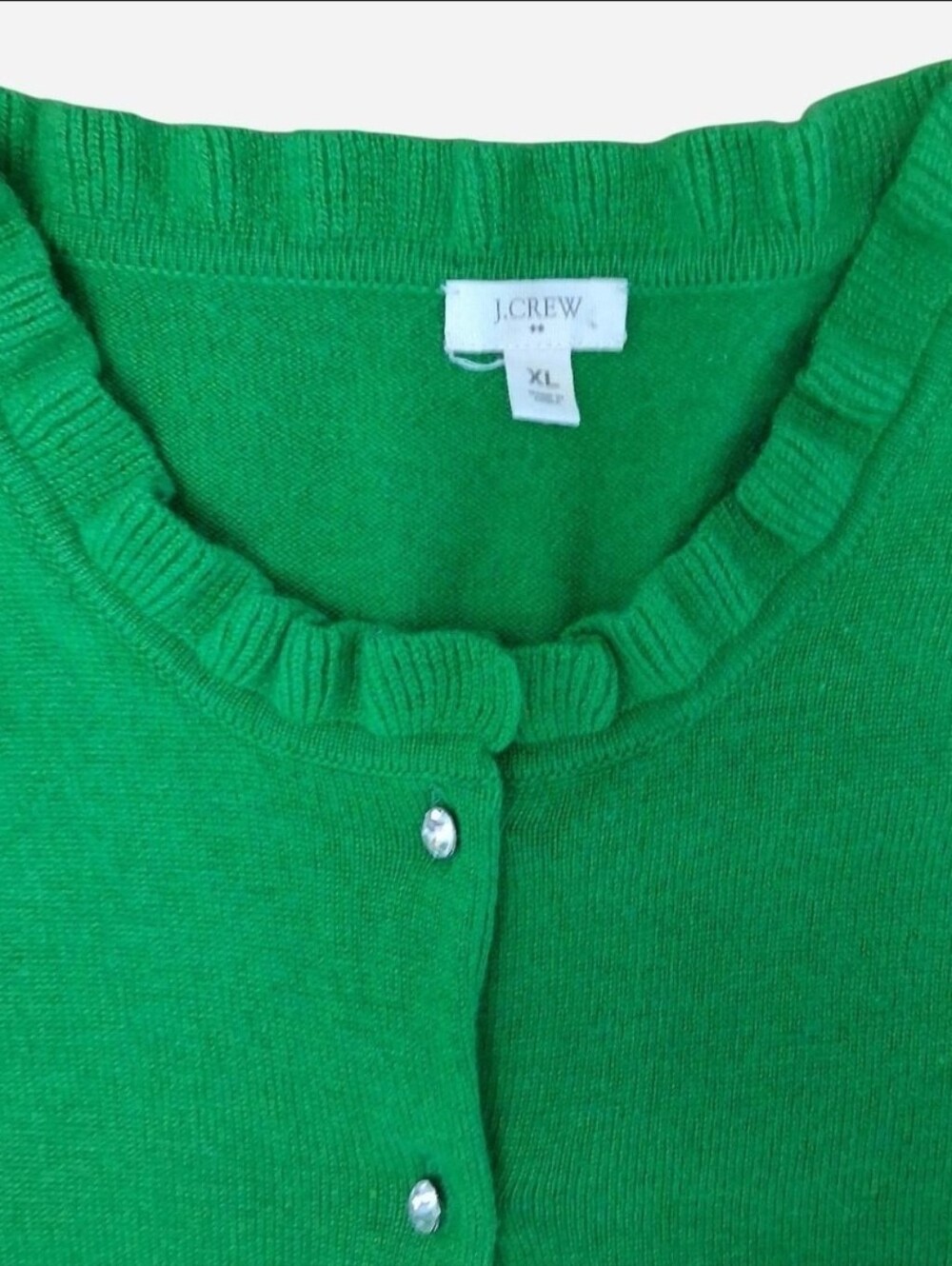 J. Crew Bright Kelly Green Rhinestone Jewel Button Ruffle Crewneck Cardigan